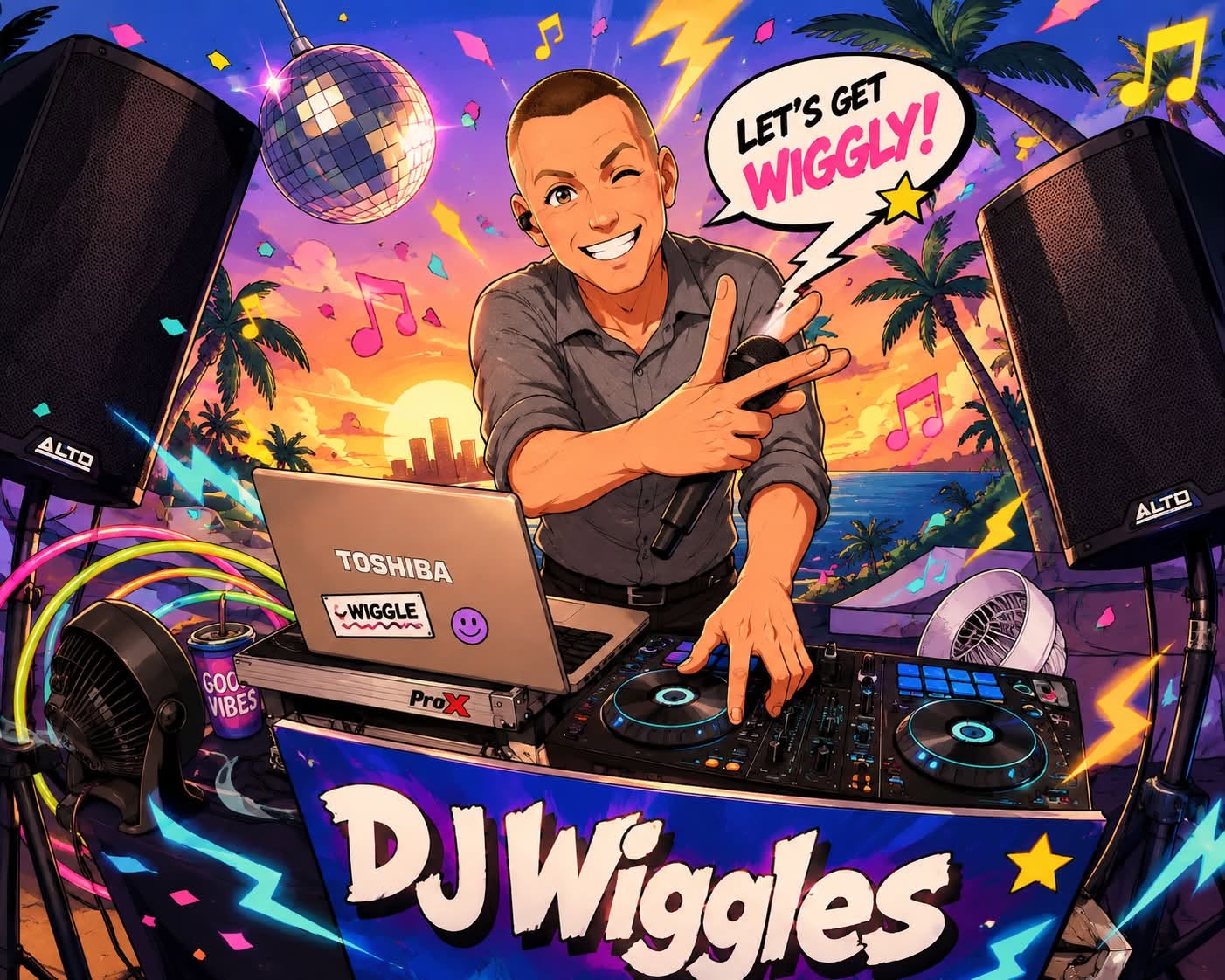 Cartoon illustration of DJ Wiggles smiling and mixing at his DJ booth, decorated with a disco ball and palm trees